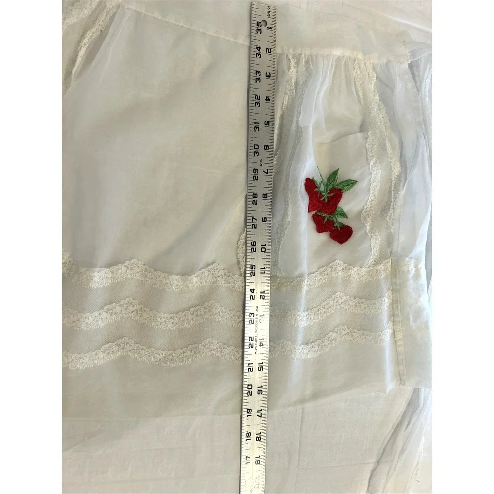 Vintage 1940s Sheer Organdy Eyelet Half Apron Women OS White Strawberry Floral